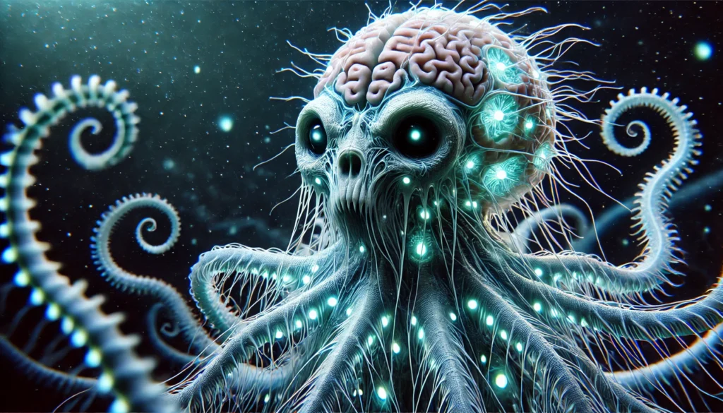 DALL·E-2025-03-03-21.41.34-A-surreal-brainless-deep-sea-creature-with-an-eerie-translucent-body.-The-creature-has-glowing-patterns-along-its-body-multiple-twisting-tentacle-li-1024x585 The Mysterious Octopus: A Creature with Nine Brains!